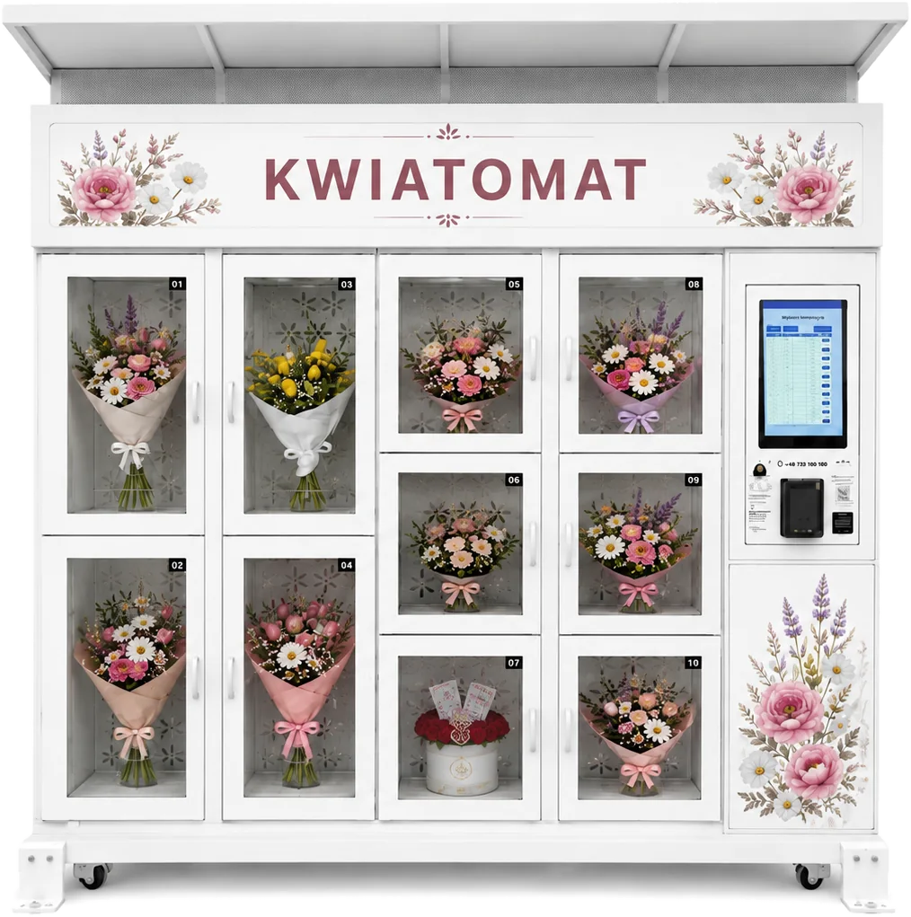Kwiatomat PRO 10 - biały automat do sprzedaży kwiatów z 10 komorami w dwóch wysokościach i ekranem dotykowym
