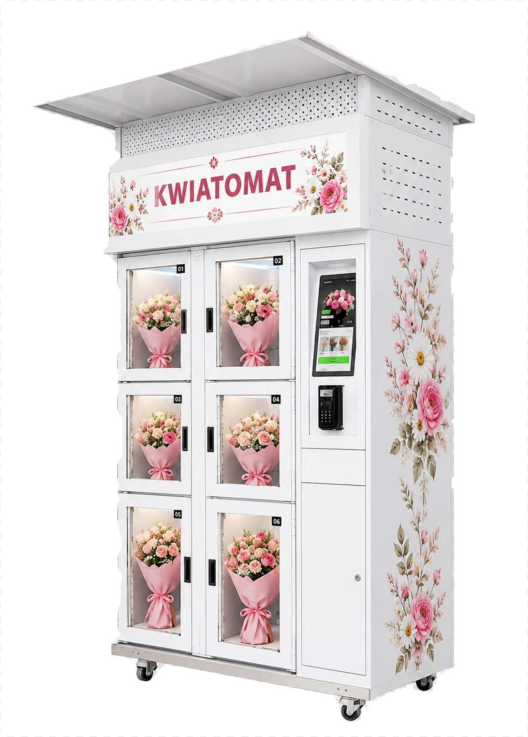 Kwiatomat PRO 6 - kompaktowy biały automat do sprzedaży kwiatów z 6 podświetlanymi komorami, ekranem dotykowym i kwiatową grafiką na obudowie