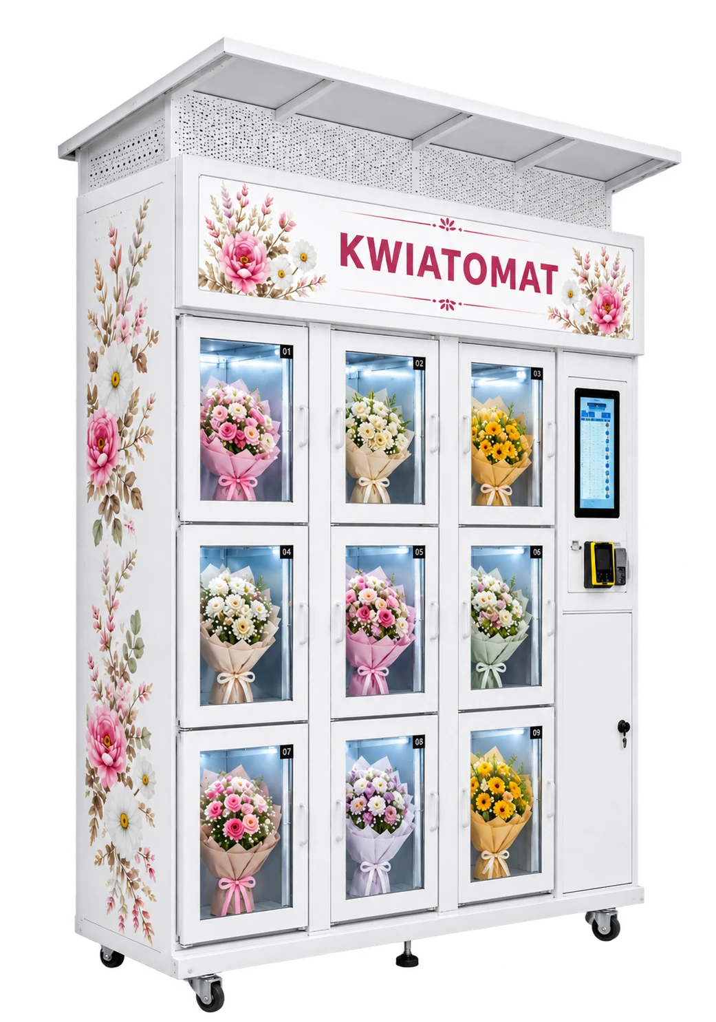 Kwiatomat PRO 9 - biały automat do sprzedaży kwiatów z 9 podświetlanymi komorami w układzie 3 x 3 i kwiatową grafiką na boku
